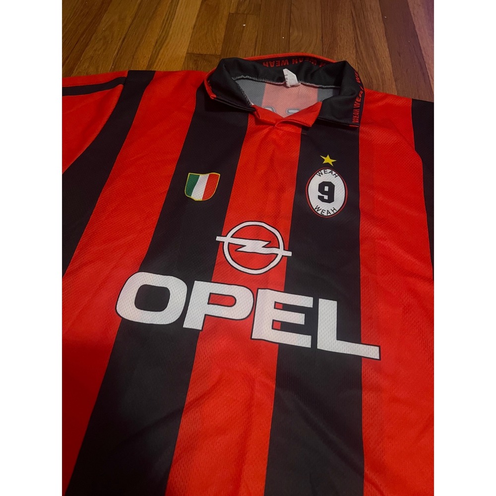 Vintage AC Milan George Weah 9 Opel Soccer Jersey Red Black Striped XL Italy